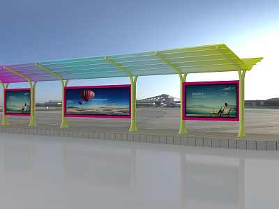 Rainbow Colored Bus Shelter With Advertising Billboards And Clear Canopy 3d model