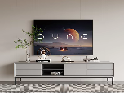Modern TV Stand With Flat Screen TV Green Plant Decorations Drawers Open Shelf And Books 3d model