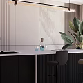 Modern Restaurant Interior Design With Bar Counter Stools Green Plants And Pendant Lights