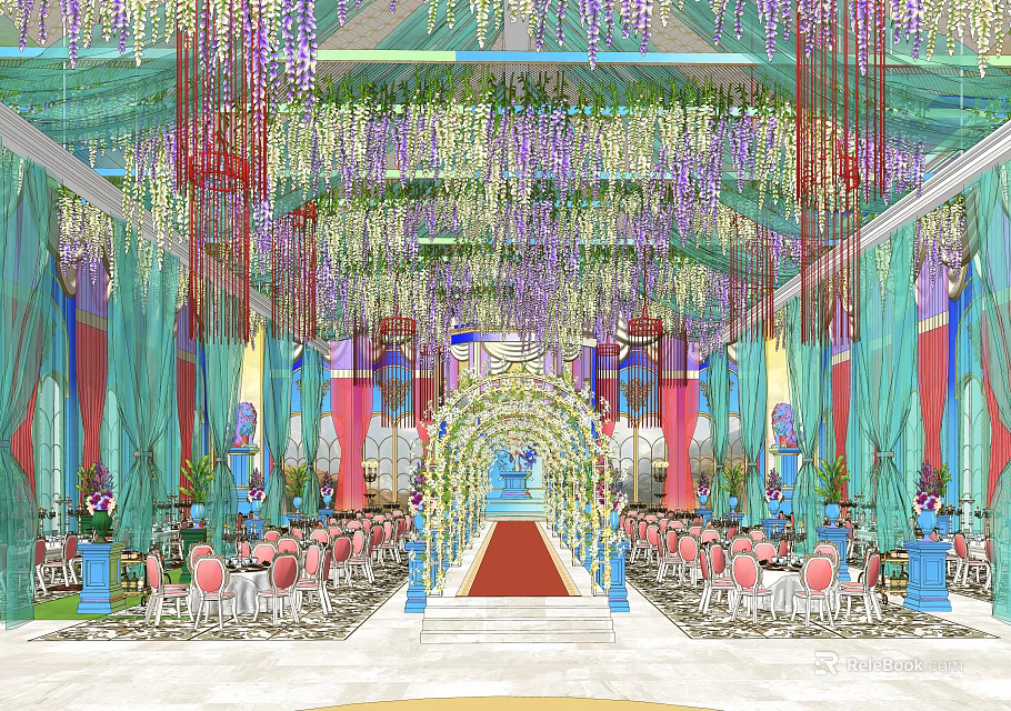 Banquet Hall Interior With Hanging Floral Decor Green Red Drapes Archway And Pink Chairs 3d model 