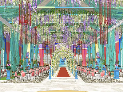 Banquet Hall Interior With Hanging Floral Decor Green Red Drapes Archway And Pink Chairs 3d model
