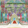 Banquet Hall Interior With Hanging Floral Decor Green Red Drapes Archway And Pink Chairs