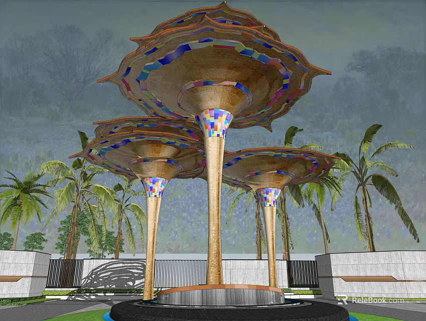 Garden Ornament With Mushroom Shaped Canopies Colorful Patterns Supporting Pillars And Palm Trees 3d model 