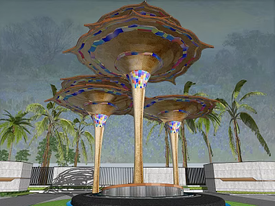 Garden Ornament With Mushroom Shaped Canopies Colorful Patterns Supporting Pillars And Palm Trees 3d model