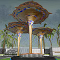 Garden Ornament With Mushroom Shaped Canopies Colorful Patterns Supporting Pillars And Palm Trees