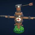 Cartoon Scarecrow Target Scene With Wooden Barrel Body Metal Rings Red Bullseye And Spear Arms