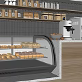 Curved Glass Bakery Display Case With Fresh Bread And Pastries On Wooden Counter