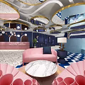 Stylish Hotel Public Lounge Area with Pink Blue Geometric Floor Circular Lighting and Sofas Chairs