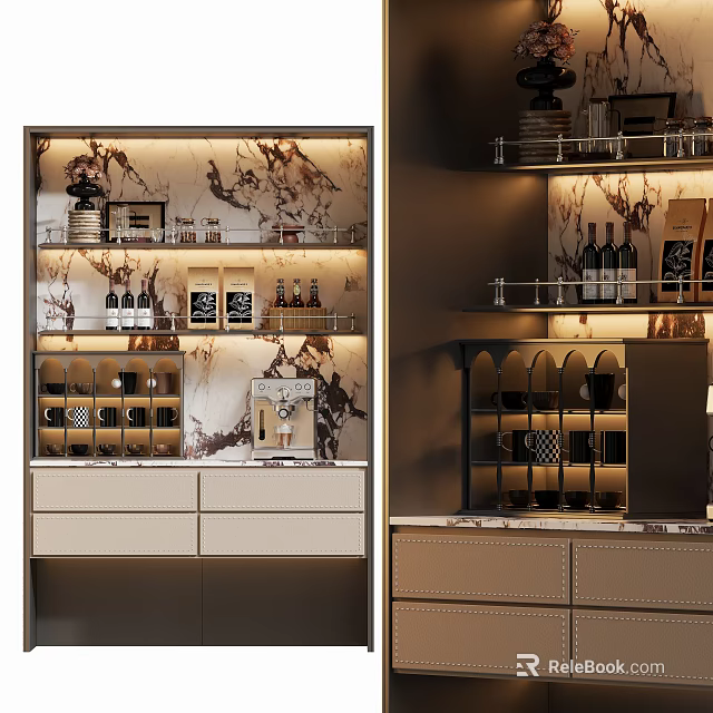 Modern Wine Cabinet With Marble Backdrop LED Lighting And Wine Storage Drawers 3d model 