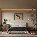 Modern Bedroom Interior With Neutral Tones Upholstered Headboard Area Rug Wall Art And Wooden Cabinets