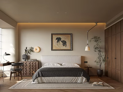 Modern Bedroom Interior With Neutral Tones Upholstered Headboard Area Rug Wall Art And Wooden Cabinets 3d model