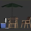 Outdoor Furniture Set Featuring Green Umbrella Hexagonal Wooden Table Four Chairs And Blue Cooler