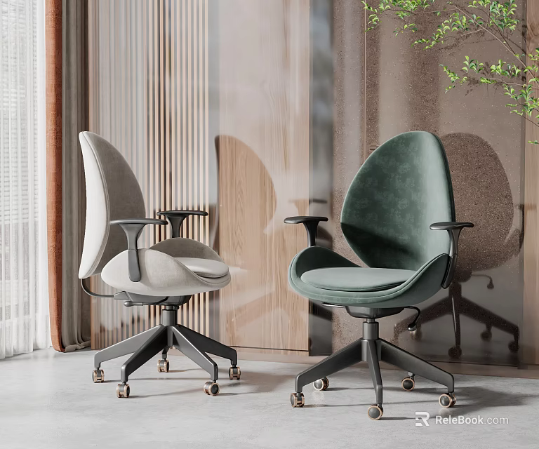 Modern Office Chairs With Gray And Green Upholstered Seats Swivel Design And Wheels For Stylish Workspace Interior 3d model 