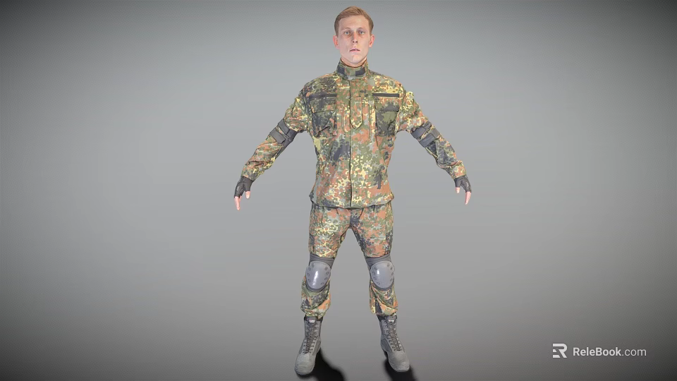 Man In Military Camouflage Uniform With Knee Pads Standing In Full Body Pose 3d model 