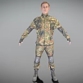 Man In Military Camouflage Uniform With Knee Pads Standing In Full Body Pose