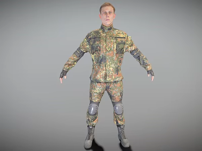 Man In Military Camouflage Uniform With Knee Pads Standing In Full Body Pose 3d model