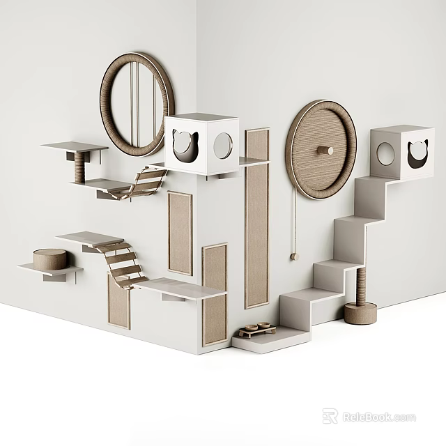 Modern Cat Tree Design With Multiple Platforms Ladders And Round Scratching Structures 3d model