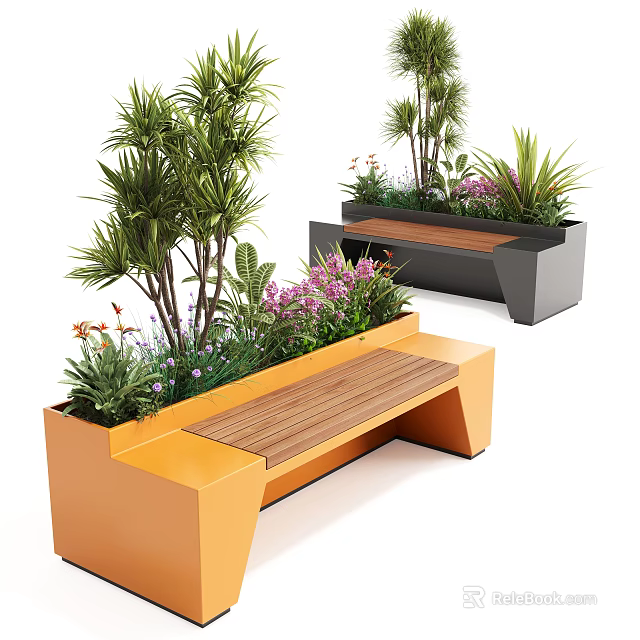 Modern Outdoor Bench With Wooden Seat And Planter Box Filled With Green Plants 3d model 