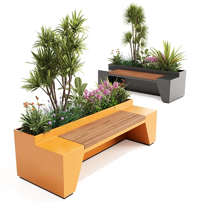 Modern Outdoor Bench With Wooden Seat And Planter Box Filled With Green Plants 3d model