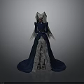 Woman In Blue Gown With Layered White Skirt Gold Belt And Winged Headpiece