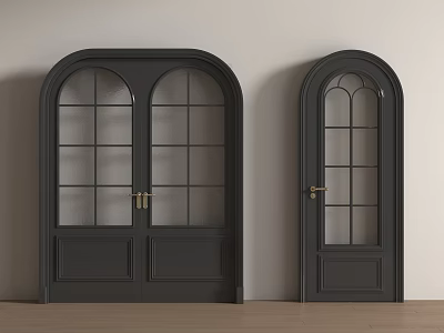 Black Arched Double Doors With Glass Panes Brass Handles On Light Wall And Wooden Floor 3d model