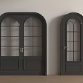 Black Arched Double Doors With Glass Panes Brass Handles On Light Wall And Wooden Floor