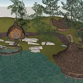 Rustic Straw Roof Guesthouse In Natural Waterfront With Trees Grass Stone Pathways And Circular Deck