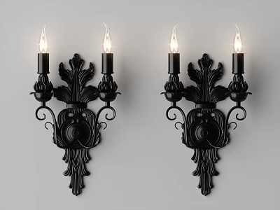 Two Black Classical Wall Sconces With Candle Shaped Lights And Floral Carved Design 3d model