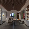 Traditional Teahouse Interior With Wooden Ceiling Tables Chairs And Tea Sets On Shelves