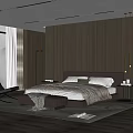 Modern Bedroom Interior With Leather Headboard Bed Wooden Panel Wall Side Table And Accent Chair