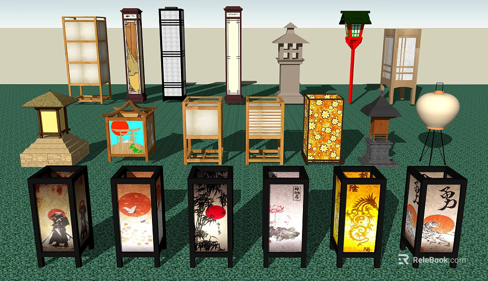 Multiple Styles Of Traditional Outdoor Lights Featuring Wooden Frames And Colorful Patterns 3d model 