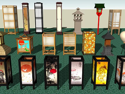 Multiple Styles Of Traditional Outdoor Lights Featuring Wooden Frames And Colorful Patterns 3d model