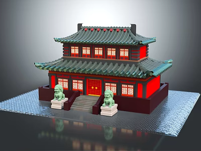 Cartoon Chinese Traditional Two Story Building Scene with Green Roof Red Walls and Stone Lions 3d model