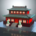 Cartoon Chinese Traditional Two Story Building Scene with Green Roof Red Walls and Stone Lions