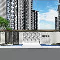 Modern Residential Community Entrance Gate With High-Rise Buildings Marble Walls And Lighting