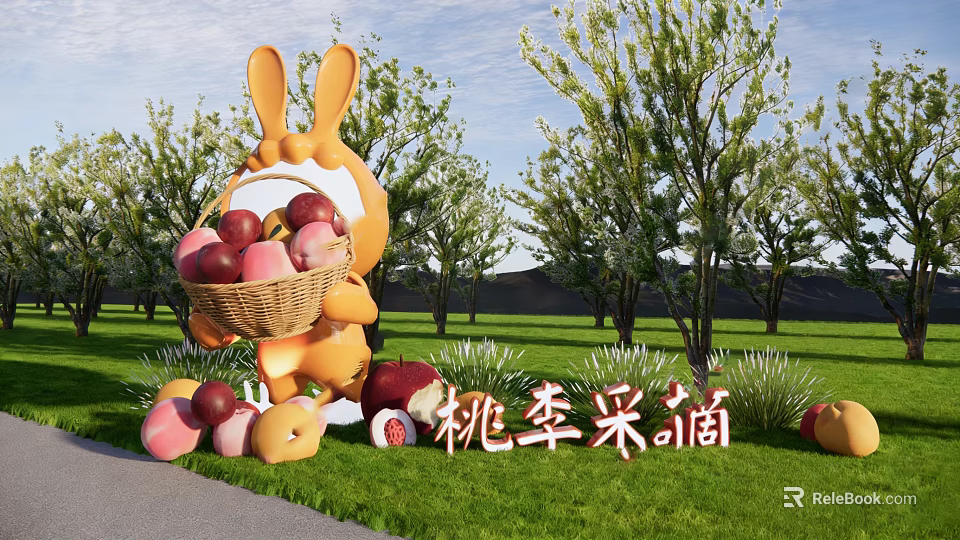 Rabbit Shaped Landscape Sculpture With Fruit Basket In Grassland And Trees For Picking 3d model 