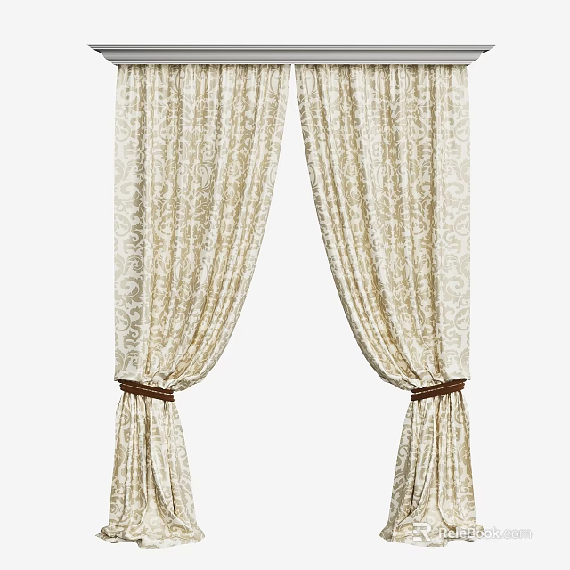 Elegant Cream Colored Curtains With Intricate Floral Pattern And Brown Tiebacks 3d model