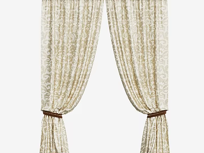 Elegant Cream Colored Curtains With Intricate Floral Pattern And Brown Tiebacks 3d model