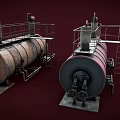 Industrial Red And Brown Storage Tanks With Metal Ladders And Pipes