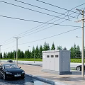 Road Infrastructure with Utility Poles Street Lamps Control Cabinet Trees and Vehicles on Suburban Road