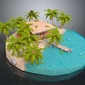 Cartoon Scene Of Tropical Island With Palm Trees Wooden Hut Wooden Dock And Blue Water