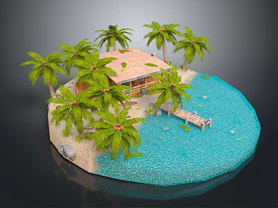 Cartoon Scene Of Tropical Island With Palm Trees Wooden Hut Wooden Dock And Blue Water 3d model