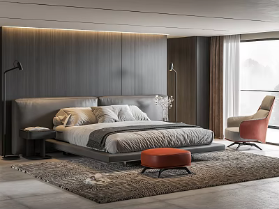Modern Minimalist Bedroom With Double Bed Wooden Headboard Pillows Orange Ottoman And Area Rug 3d model