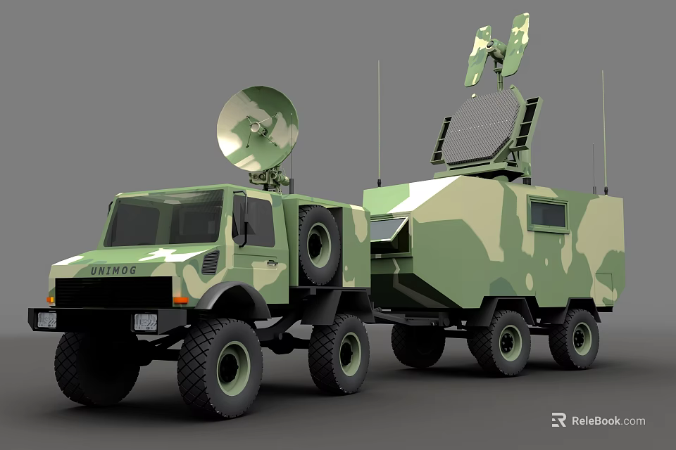 Military Camouflage Functional Vehicle Equipped With Satellite Antenna And Communication Gear 3d model 
