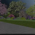 Garden Landscape Design Featuring Stone Pathway Green Lawn Pink Cherry Blossoms And Purple Flowers