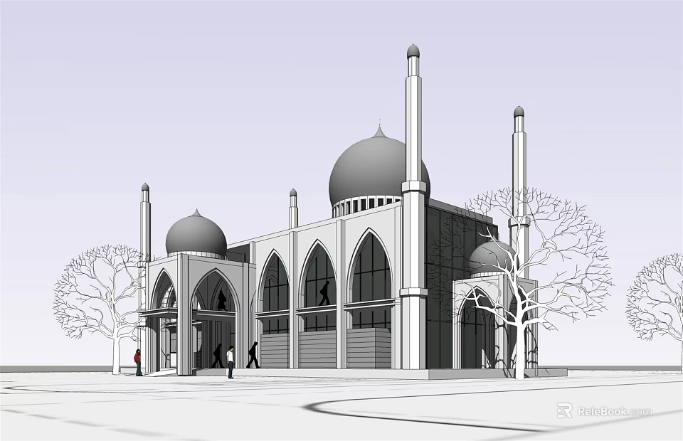Ancient Mosque Architecture Exterior View with Domes Minarets Arched Windows and Trees 3d model