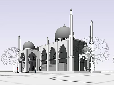 Ancient Mosque Architecture Exterior View with Domes Minarets Arched Windows and Trees 3d model