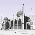 Ancient Mosque Architecture Exterior View with Domes Minarets Arched Windows and Trees 3d model