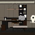 Modern Home Office Interior Design With Wooden Desk Chair Bookshelf Rug And Abstract Art