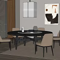 Modern Round Dining Table And Beige Chairs With Abstract Painting And Pendant Light